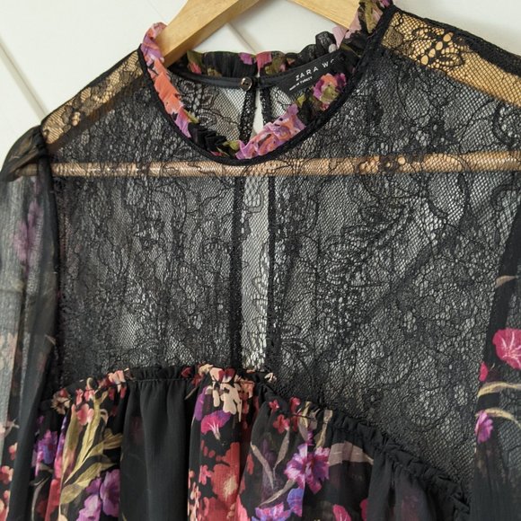 Zara black lace floral tiered ruffle boho dress M - Picture 4 of 11